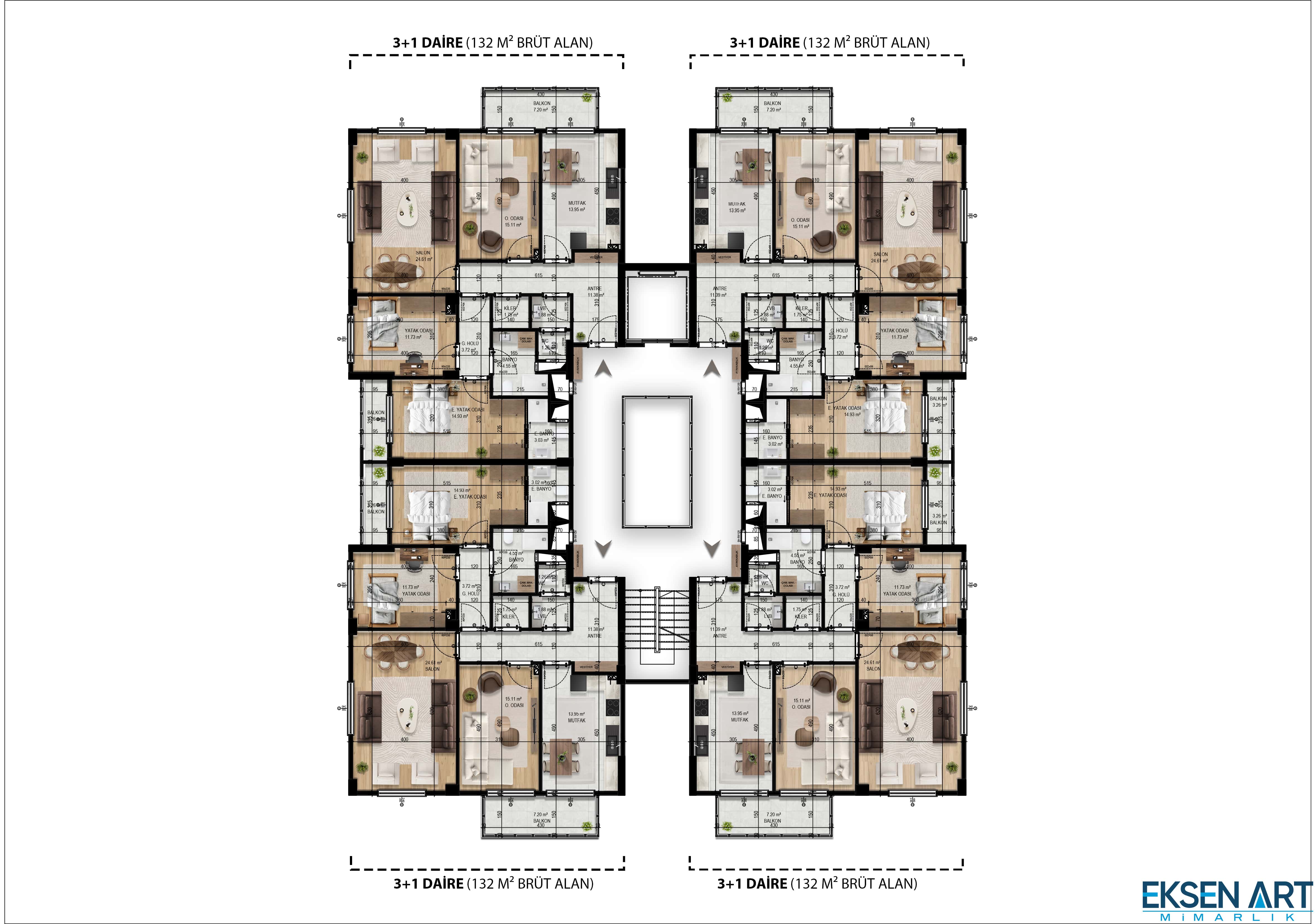 3+1 Daire Kat Planı - 132m² - Karatay Lavanta Konutları